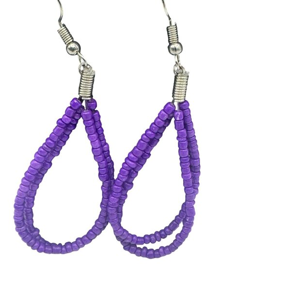 Beaded Teardrop Dangling Earrings Purple Silver Hook Lightweight Handmade Design - Picture 2 of 3